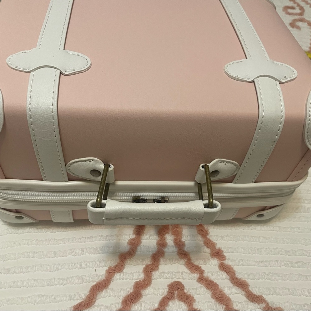 Pink and White Vintage-Style Petite Suitcase Shoulder Bag Makeup Bag 12”x 10” - Picture 7 of 14